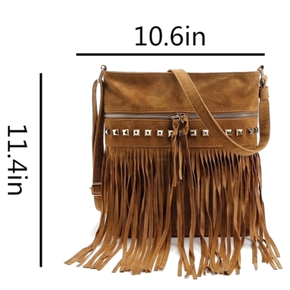 Brown Hippie Festival Purse Vintage 1970 Costume Tassel Studded 70s Style Purses - Picture 6 of 9